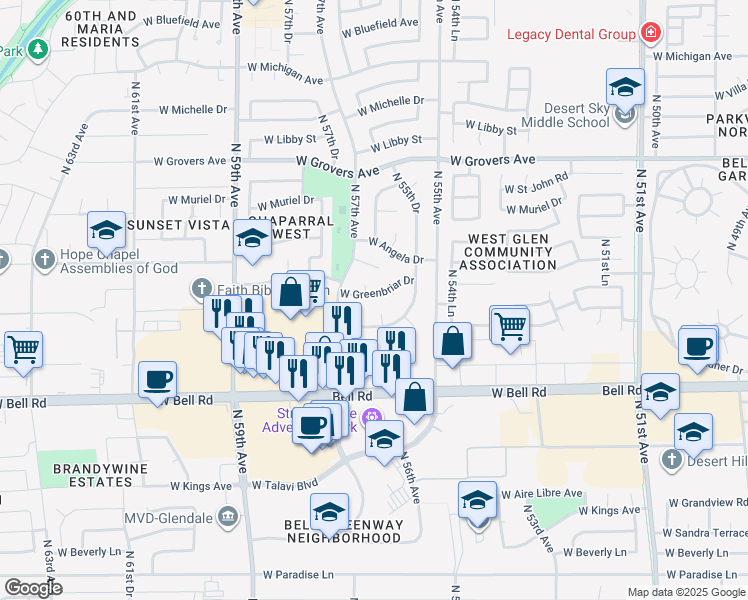 map of restaurants, bars, coffee shops, grocery stores, and more near 5609 West Greenbriar Drive in Glendale