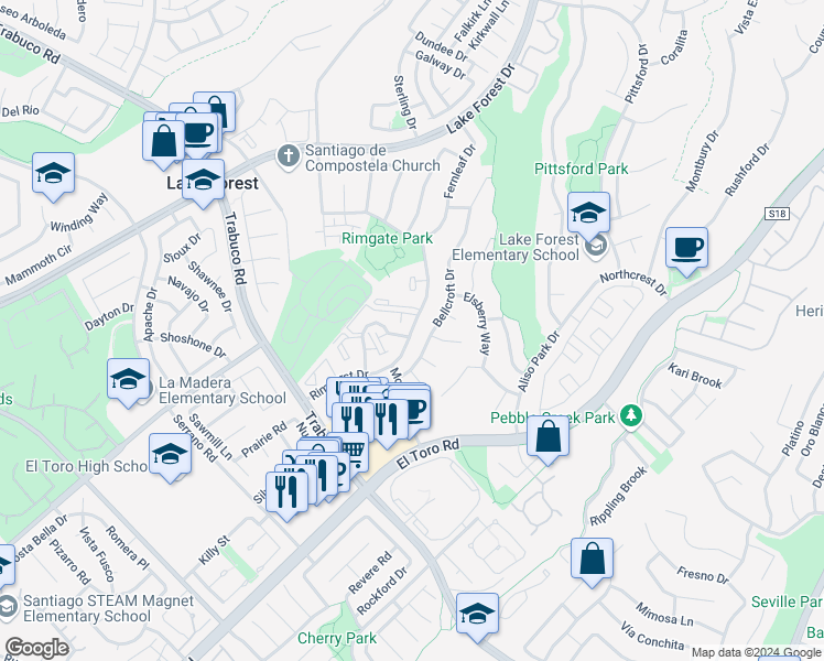 map of restaurants, bars, coffee shops, grocery stores, and more near Rimhurst Drive in Lake Forest