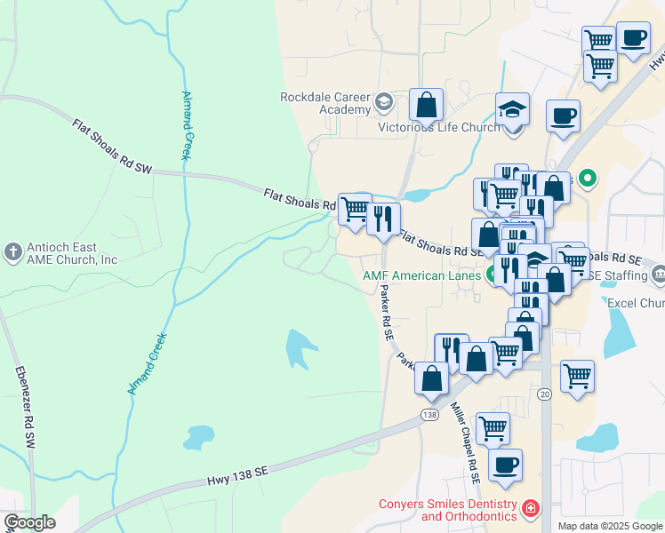 map of restaurants, bars, coffee shops, grocery stores, and more near 1825 Parker Road Southeast in Conyers
