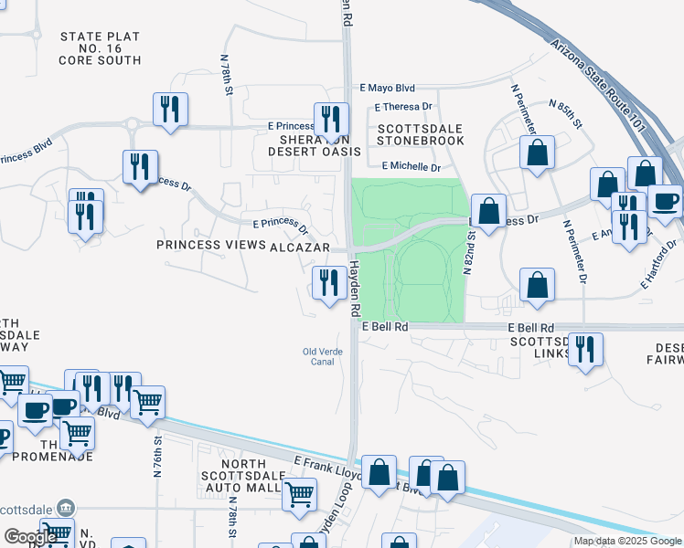 map of restaurants, bars, coffee shops, grocery stores, and more near 7979 East Princess Drive in Scottsdale