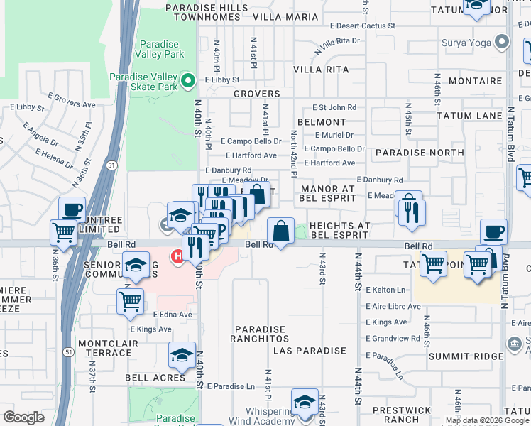 map of restaurants, bars, coffee shops, grocery stores, and more near 4155 East Anderson Drive in Phoenix