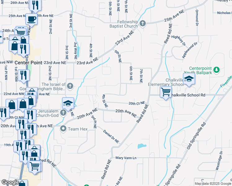 map of restaurants, bars, coffee shops, grocery stores, and more near 424 21st Avenue Northeast in Center Point