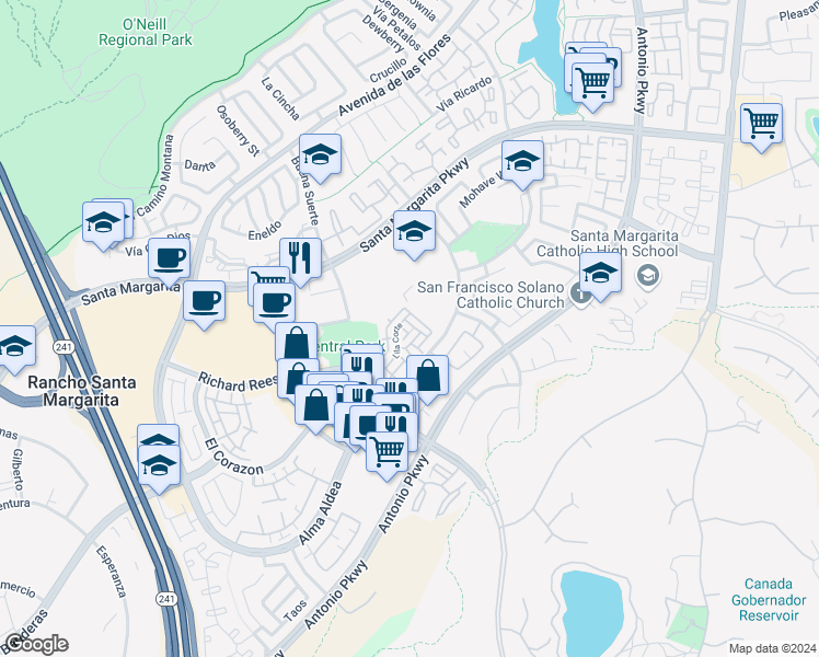 map of restaurants, bars, coffee shops, grocery stores, and more near 6 Paseo Girasol in Rancho Santa Margarita