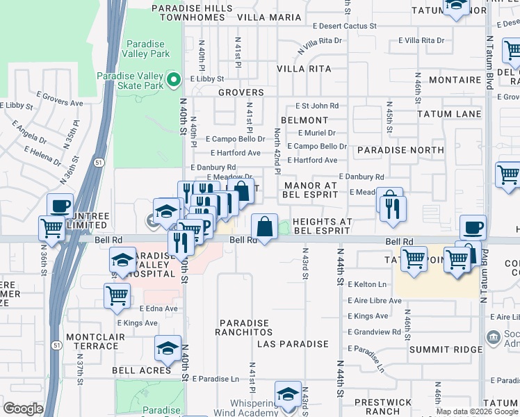 map of restaurants, bars, coffee shops, grocery stores, and more near 4155 East Anderson Drive in Phoenix