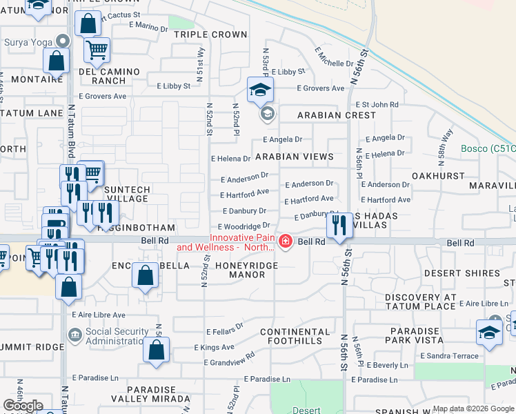 map of restaurants, bars, coffee shops, grocery stores, and more near 5314 East Danbury Road in Scottsdale