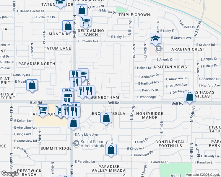 map of restaurants, bars, coffee shops, grocery stores, and more near 50th Place in Scottsdale