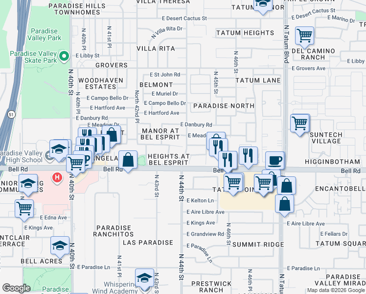 map of restaurants, bars, coffee shops, grocery stores, and more near 4365 East Coolbrook Avenue in Phoenix