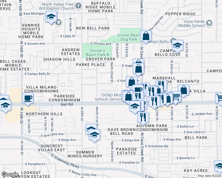 map of restaurants, bars, coffee shops, grocery stores, and more near 17209 North 22nd Street in Phoenix
