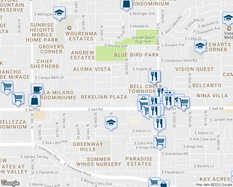 map of restaurants, bars, coffee shops, grocery stores, and more near 2150 East Bell Road in Phoenix