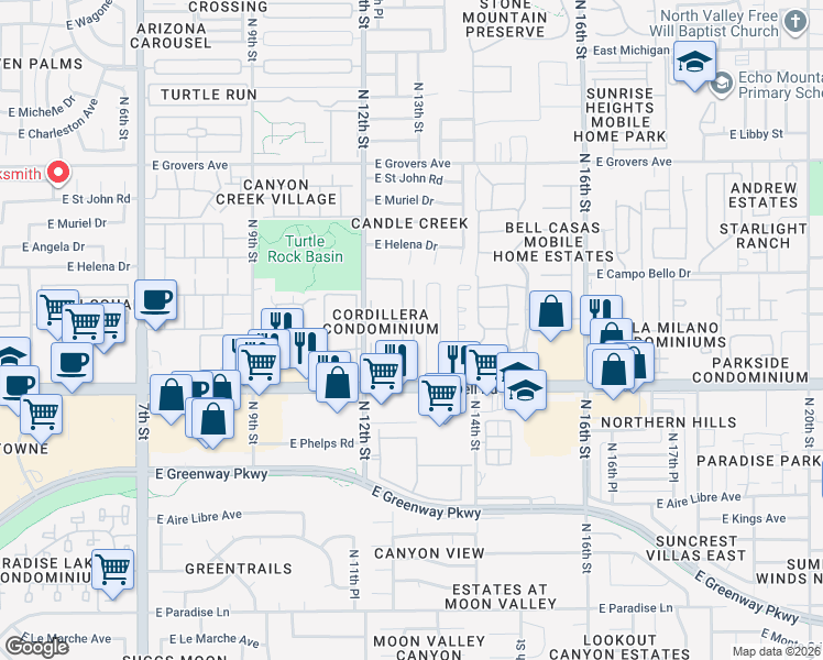 map of restaurants, bars, coffee shops, grocery stores, and more near 1304 East Bell Road in Phoenix