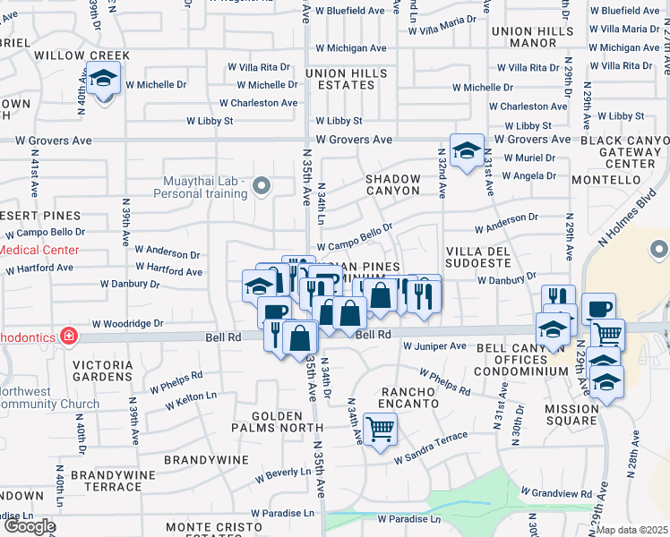 map of restaurants, bars, coffee shops, grocery stores, and more near 3329 West Danbury Drive in Phoenix