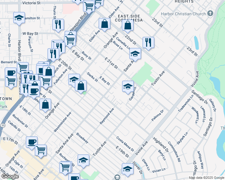 map of restaurants, bars, coffee shops, grocery stores, and more near 2020 Santa Ana Avenue in Costa Mesa