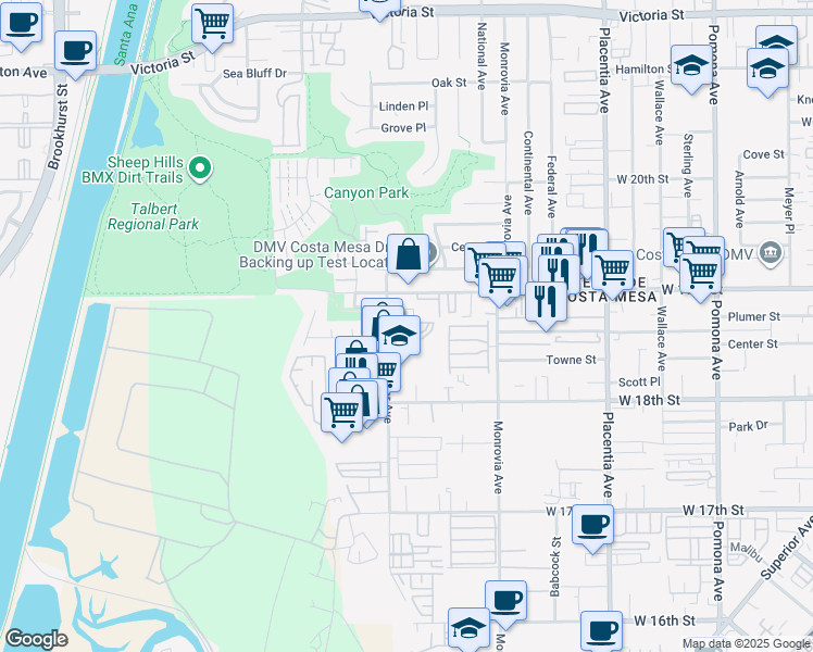 map of restaurants, bars, coffee shops, grocery stores, and more near 1859 Whittier Avenue in Costa Mesa