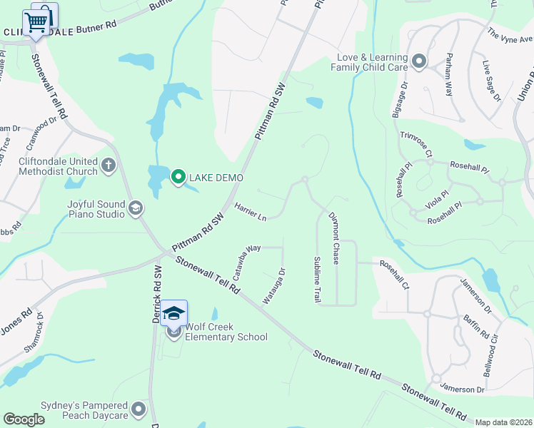 map of restaurants, bars, coffee shops, grocery stores, and more near 5848 Harrier Lane in Atlanta
