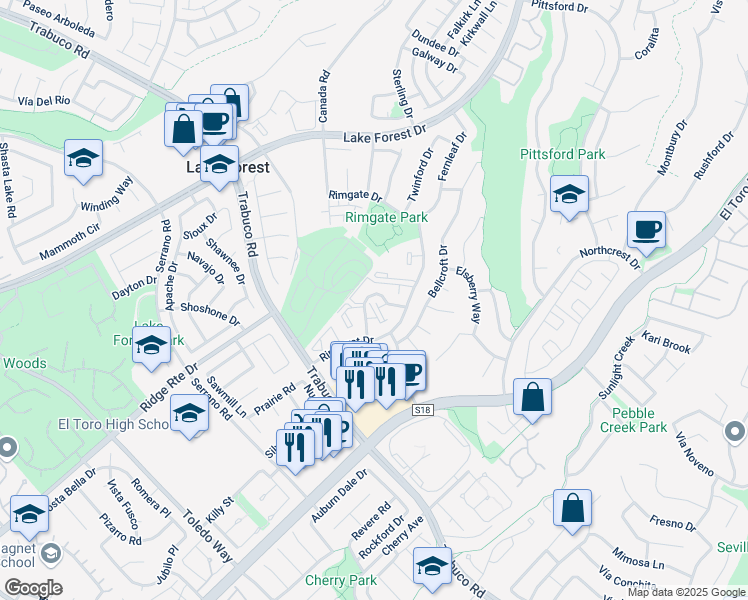 map of restaurants, bars, coffee shops, grocery stores, and more near 25761 Le Parc in Lake Forest