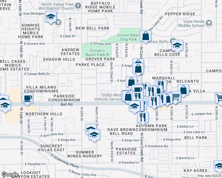 map of restaurants, bars, coffee shops, grocery stores, and more near 17209 North 22nd Street in Phoenix