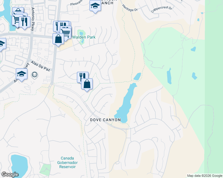 map of restaurants, bars, coffee shops, grocery stores, and more near 2 Muirfield in Rancho Santa Margarita