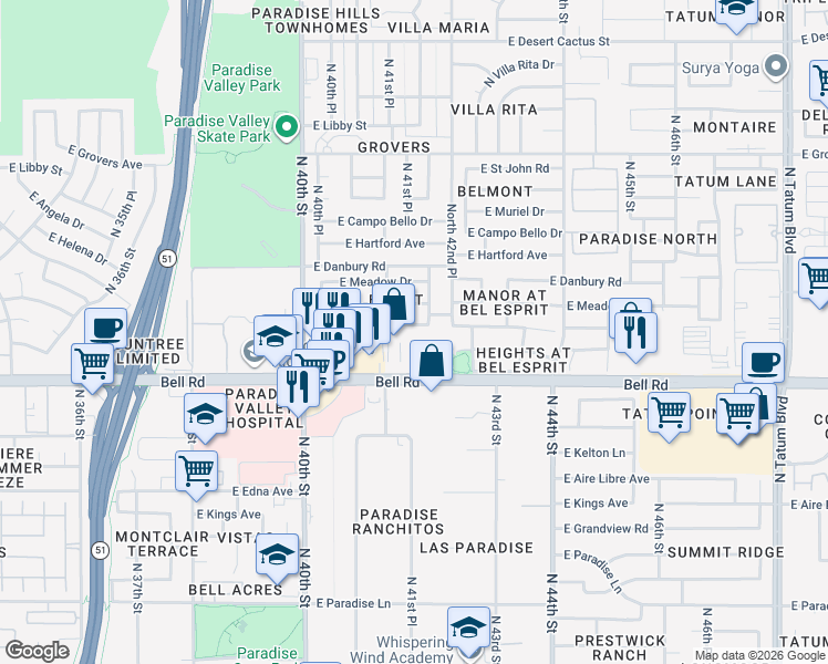 map of restaurants, bars, coffee shops, grocery stores, and more near 4155 East Anderson Drive in Phoenix