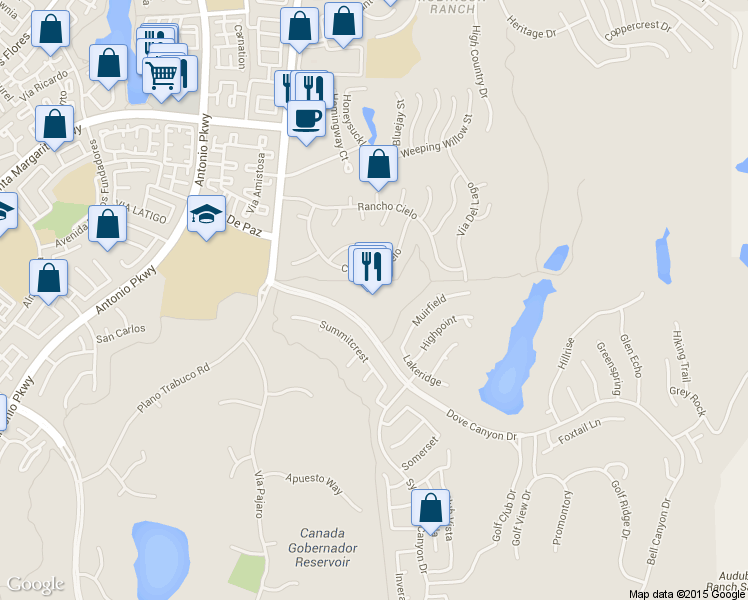 map of restaurants, bars, coffee shops, grocery stores, and more near 31931 Dove Canyon Drive in Rancho Santa Margarita