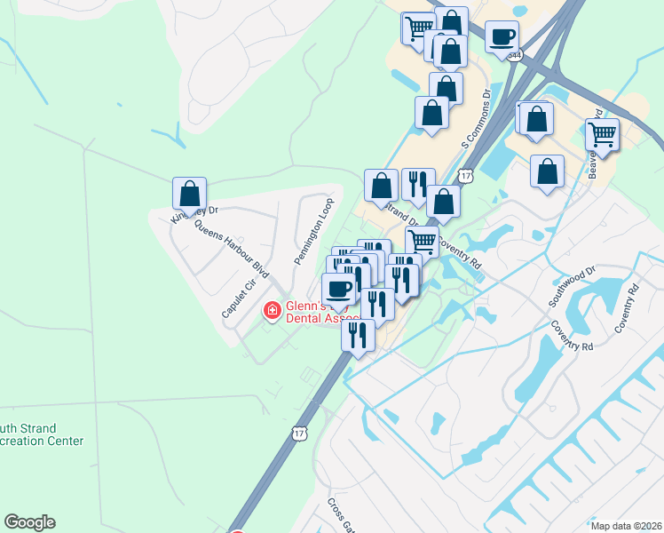 map of restaurants, bars, coffee shops, grocery stores, and more near 304 Shelby Lawson Drive in Myrtle Beach