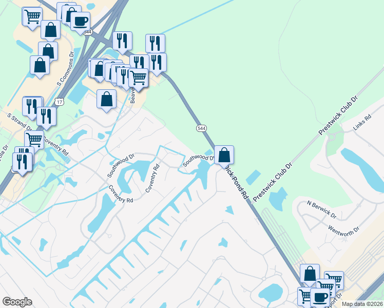 map of restaurants, bars, coffee shops, grocery stores, and more near 1865 Southwood Drive in Myrtle Beach