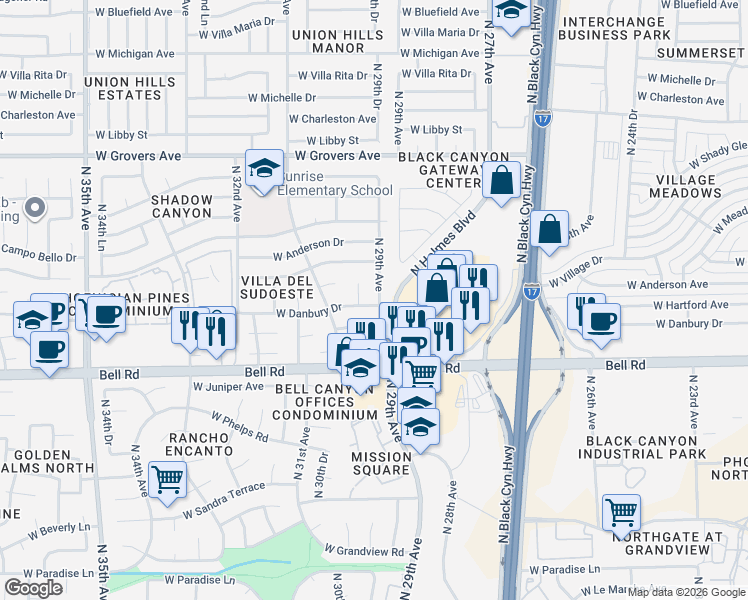 map of restaurants, bars, coffee shops, grocery stores, and more near 17218 North 29th Avenue in Phoenix