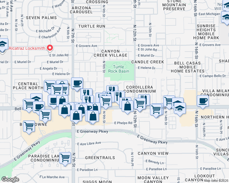 map of restaurants, bars, coffee shops, grocery stores, and more near 17145 North 10th Street in Phoenix