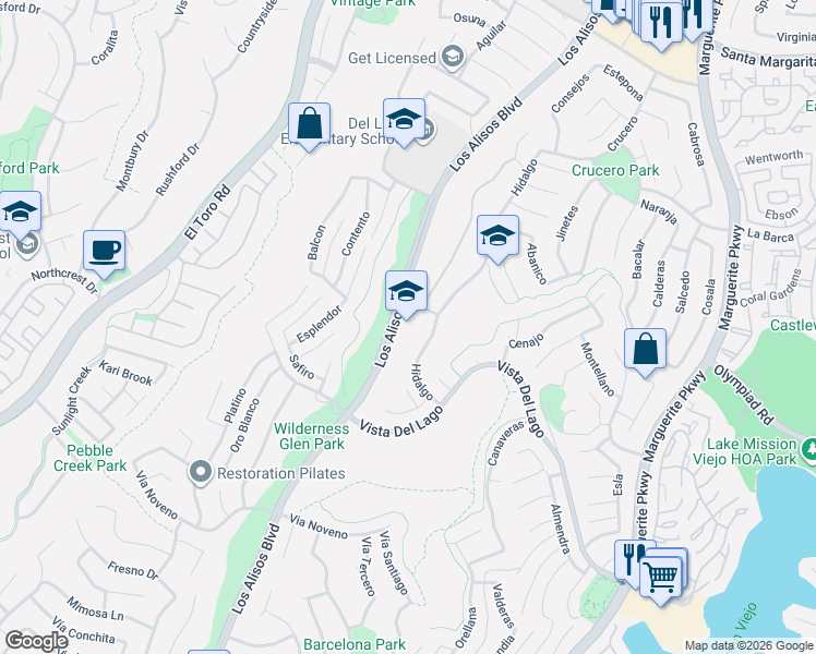 map of restaurants, bars, coffee shops, grocery stores, and more near 22081 Hidalgo in Mission Viejo