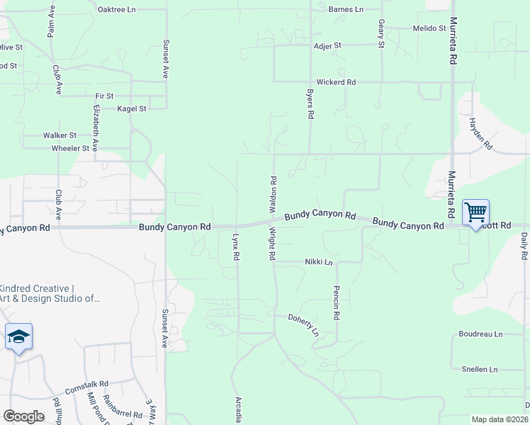 map of restaurants, bars, coffee shops, grocery stores, and more near 25420 Bundy Canyon Road in Menifee