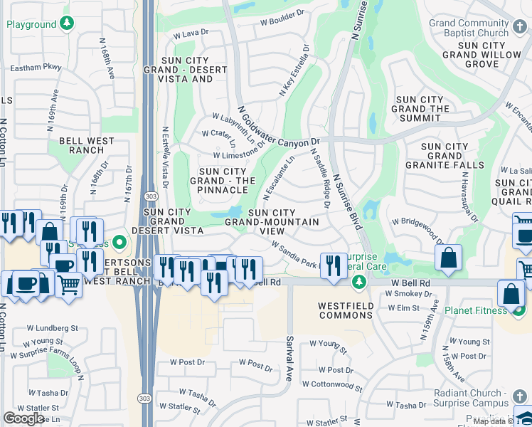 map of restaurants, bars, coffee shops, grocery stores, and more near 17405 North Escalante Lane in Surprise