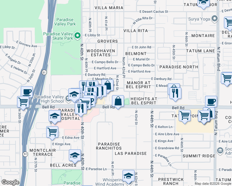 map of restaurants, bars, coffee shops, grocery stores, and more near 4155 East Anderson Drive in Phoenix