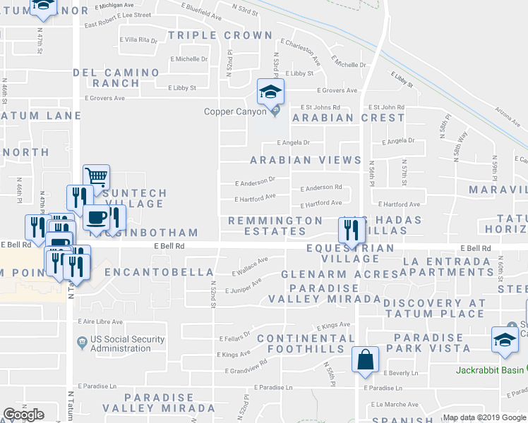 map of restaurants, bars, coffee shops, grocery stores, and more near 5314 East Danbury Road in Scottsdale