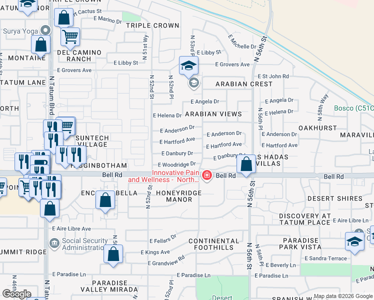 map of restaurants, bars, coffee shops, grocery stores, and more near 5314 East Danbury Road in Scottsdale