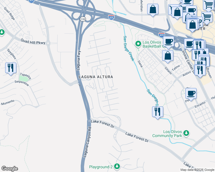 map of restaurants, bars, coffee shops, grocery stores, and more near 34 Umbria in Irvine