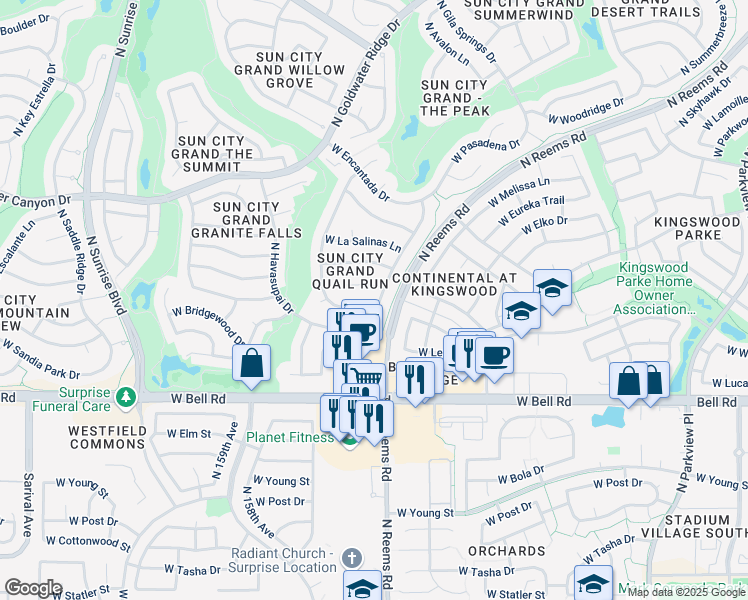 map of restaurants, bars, coffee shops, grocery stores, and more near 17320 North Stone Haven Drive in Surprise