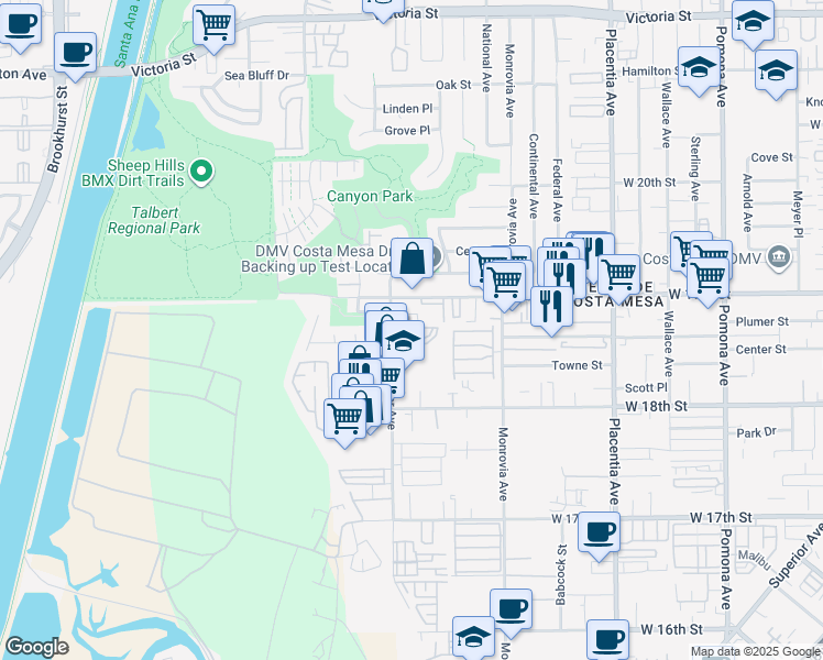 map of restaurants, bars, coffee shops, grocery stores, and more near 1850 Whittier Avenue in Costa Mesa
