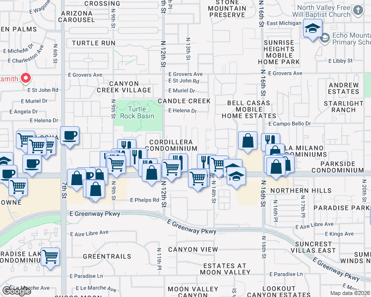 map of restaurants, bars, coffee shops, grocery stores, and more near 1304 East Bell Road in Phoenix