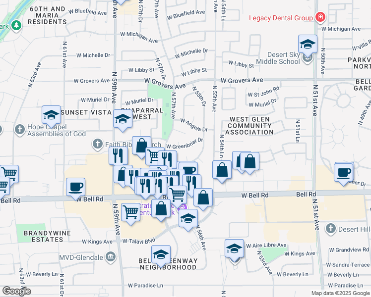 map of restaurants, bars, coffee shops, grocery stores, and more near 5609 West Greenbriar Drive in Glendale