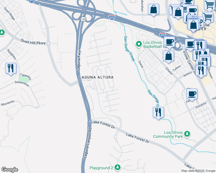 map of restaurants, bars, coffee shops, grocery stores, and more near 34 Umbria in Irvine