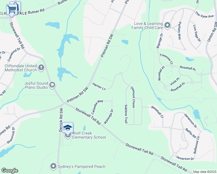 map of restaurants, bars, coffee shops, grocery stores, and more near 5840 Harrier Lane in Atlanta