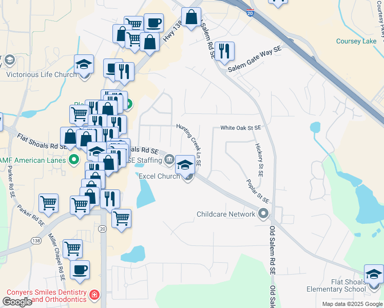 map of restaurants, bars, coffee shops, grocery stores, and more near 1797 Big Horn Court Southeast in Conyers
