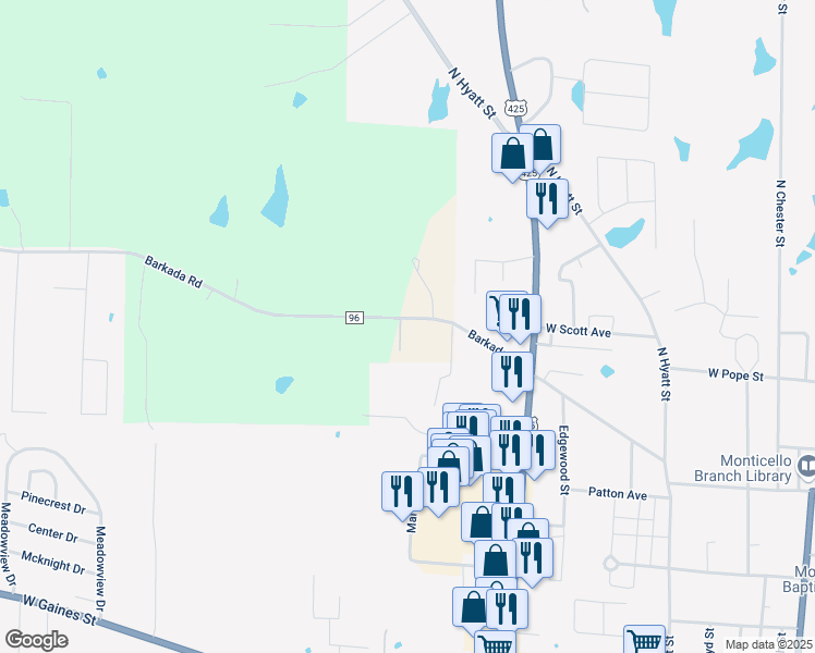 map of restaurants, bars, coffee shops, grocery stores, and more near 935 Barkada Road in Monticello