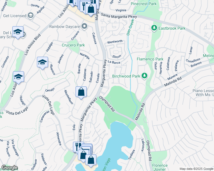 map of restaurants, bars, coffee shops, grocery stores, and more near 22068 Antigua in Mission Viejo