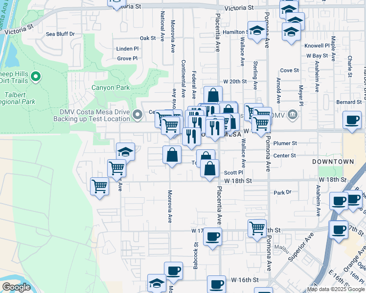 map of restaurants, bars, coffee shops, grocery stores, and more near 868 Center Street in Costa Mesa