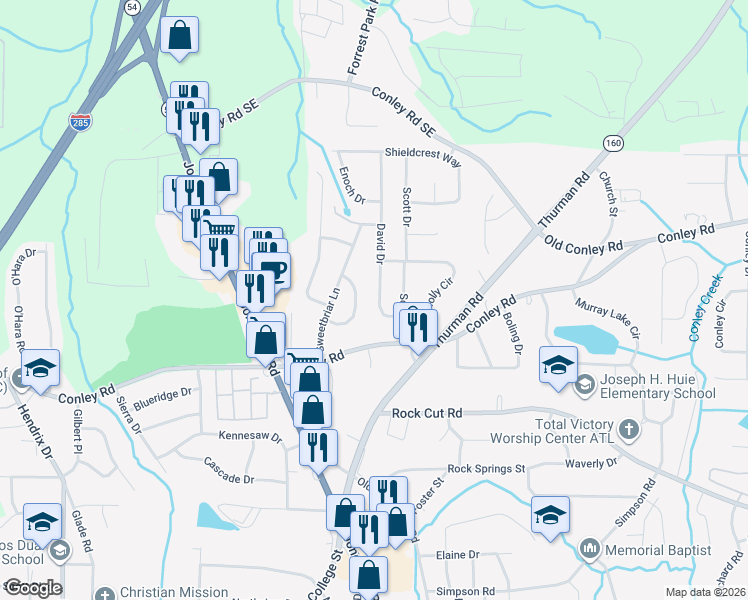 map of restaurants, bars, coffee shops, grocery stores, and more near 4113 David Drive in Forest Park
