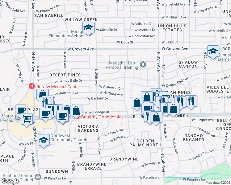 map of restaurants, bars, coffee shops, grocery stores, and more near 3736 West Hartford Avenue in Glendale