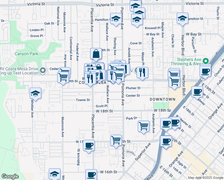 map of restaurants, bars, coffee shops, grocery stores, and more near 734 Center Street in Costa Mesa