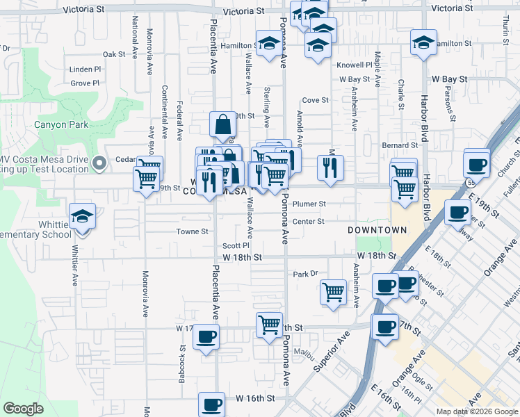 map of restaurants, bars, coffee shops, grocery stores, and more near 734 Center Street in Costa Mesa