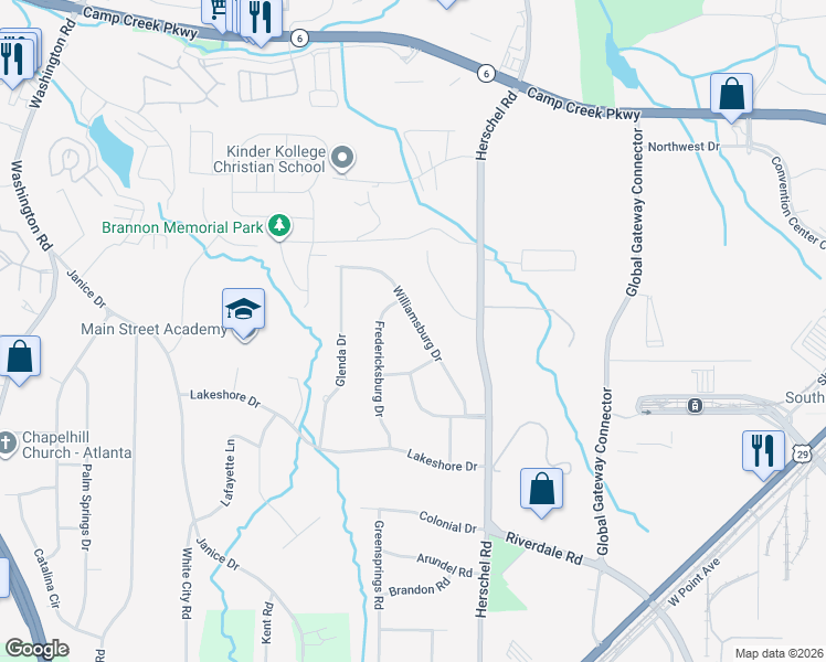 map of restaurants, bars, coffee shops, grocery stores, and more near 4149 Williamsburg Drive in College Park