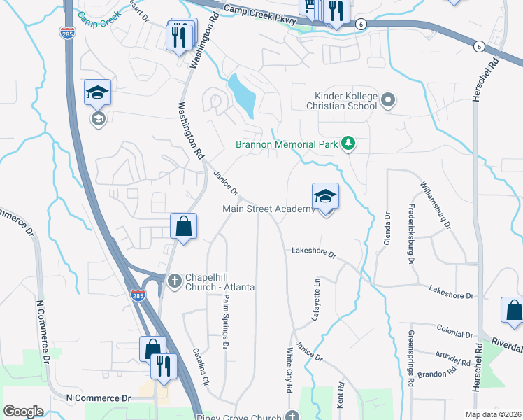 map of restaurants, bars, coffee shops, grocery stores, and more near 4145 Janice Drive in Atlanta